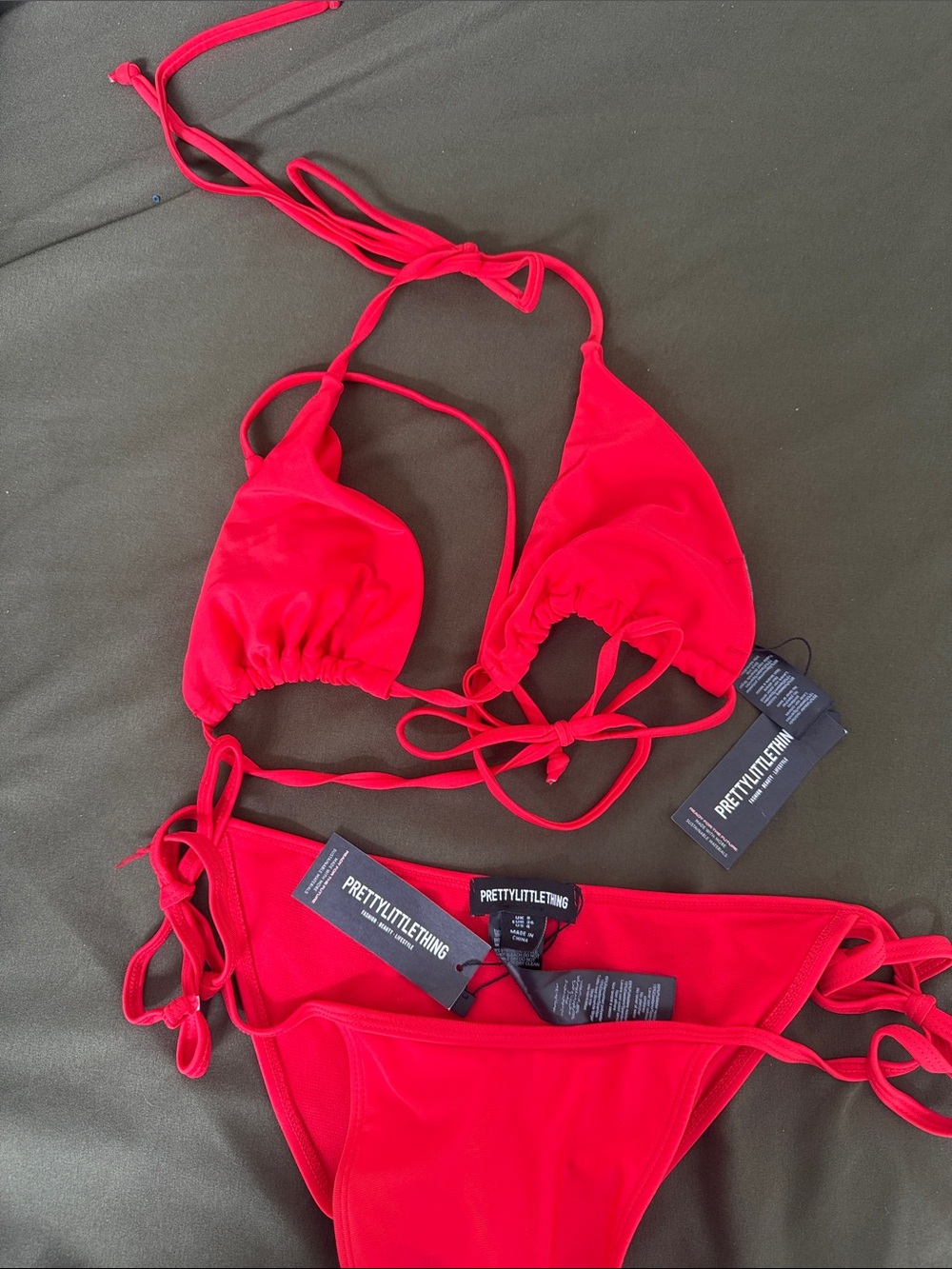 PrettyLittleThing Bright Red Tie Side Triangle Bikini